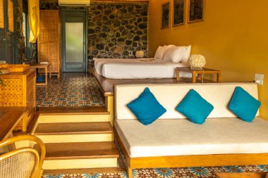 Tam Coc, Ninh Binh / Vietnam - 11 Mart 2019: Lüks bir otelin odası.