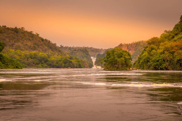 The Murchison waterfall on the Victoria Nile at sunset, Uganda.