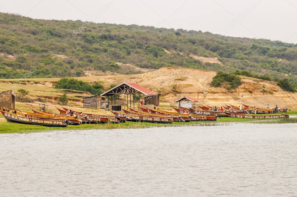 Fishing boats shown on the Kazinga channel shore. The Kazinga channel is the only source of transportation in this region of central Africa