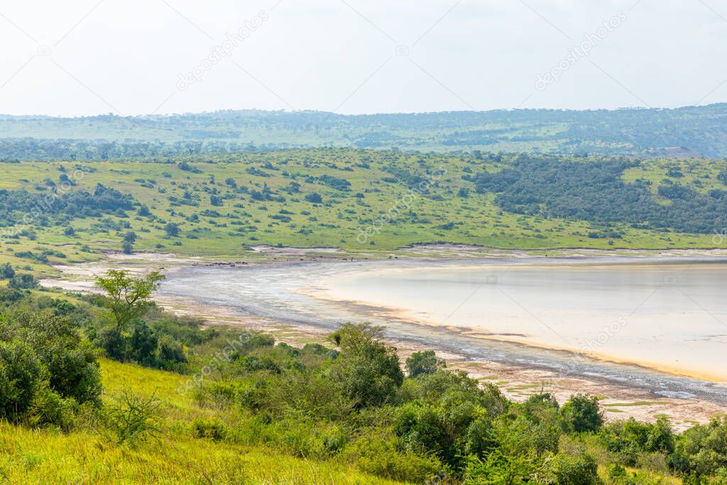View of a crater lake in Queen Elizabeth National Park in Uganda.