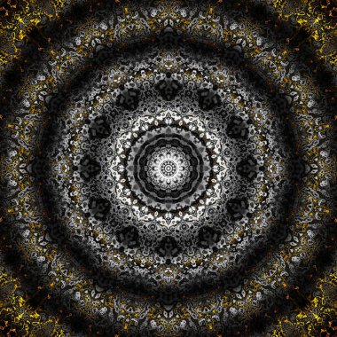 Soyut dijital fraktal model. Yuvarlak mandala dekoratif desen. Siyah arkaplanda altın desen.