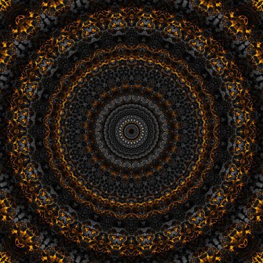 Soyut dijital fraktal model. Yuvarlak mandala dekoratif desen. Siyah arkaplanda altın desen.