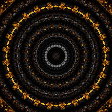 Soyut dijital fraktal model. Yuvarlak mandala dekoratif desen. Siyah arkaplanda altın desen.