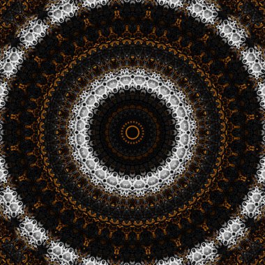 Soyut dijital fraktal model. Yuvarlak mandala dekoratif desen. Siyah arkaplanda altın desen.