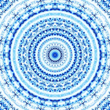 Soyut dijital fraktal model. Yuvarlak mandala dekoratif desen. Beyaz ve açık mavi renkler.
