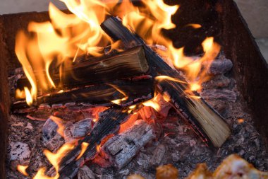 Alevli küçük kamp ateşi. Yanan odun.