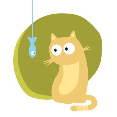 Şirin kedi balık ikonunu izliyor. Vektör illüstrasyonu.