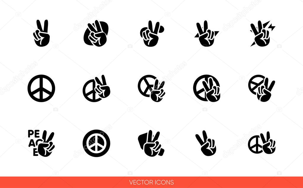 Peace sign hand with fingers and pacific sign, international symbol of peace, disarmament, antiwar movement icon set of black and white types. Isolated vector sign symbols.