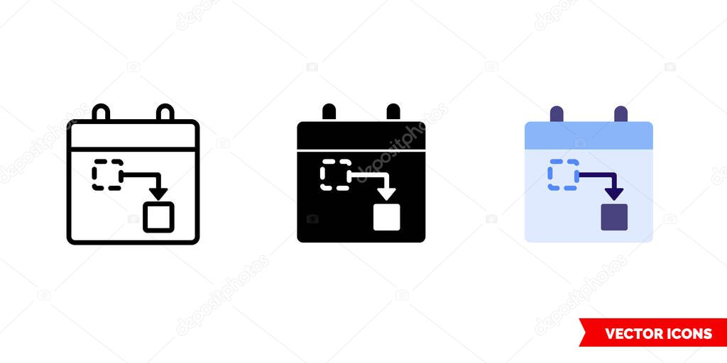 Rescheduling a task icon of 3 types. Isolated vector sign symbol.