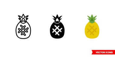 3 tip ananas ikonu, siyah beyaz, ana hatlı. İzole vektör işareti sembolü.