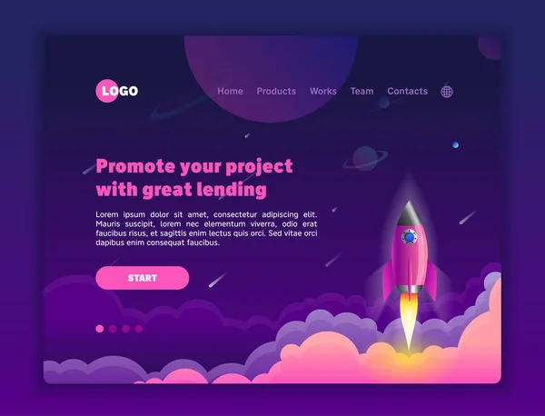 Sitenin konsept başkanı firmayı tanıtım, alan, ev sahipliği ve diğer alanlara açacaktır. İniş sayfası şablonu. Boşluk ve roketli Isometric vektör illüstrasyonu.