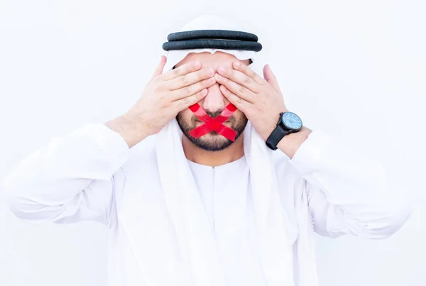 Arabic Guy Putting Tape His Mouth Symbol Mute — Stock Photo, Image