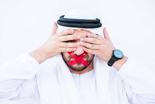 Arabic Guy Putting Tape His Mouth Symbol Mute — Stock Photo, Image