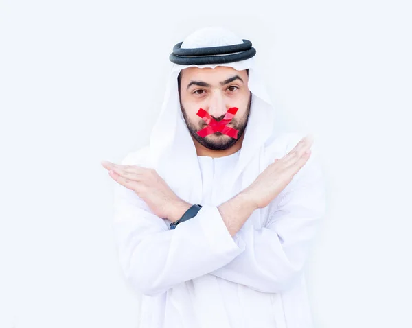 Arabic Guy Putting Tape His Mouth Symbol Mute — Stock Photo, Image