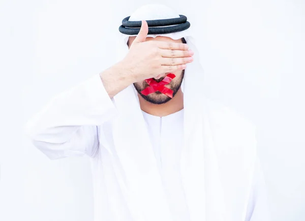 Arabic Guy Putting Tape His Mouth Symbol Mute — Stock Photo, Image