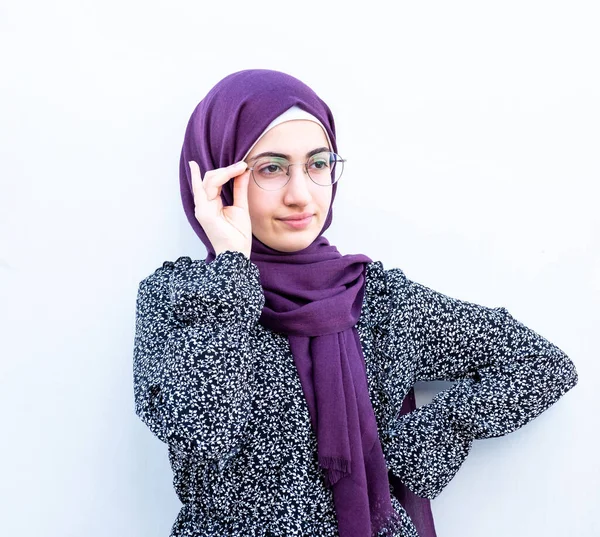 Arabic Muslim Girl Holding Her Glasses Her Face — Stock Photo, Image