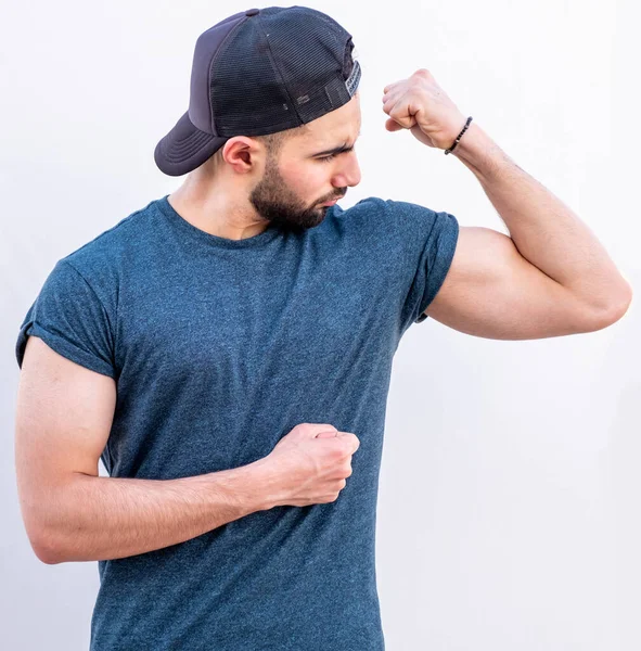 Guy Pointing His Big Strong Hand Muscle — Stock Photo, Image