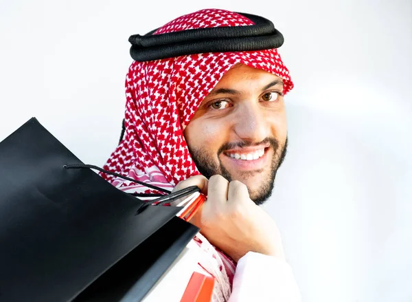 Arabski Mężczyzna Trzyma Torby Zakupy Zakupie Rzeczy Centrum Handlowego — Zdjęcie stockowe