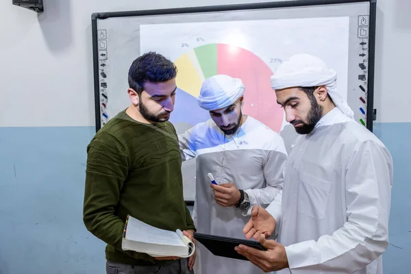 Group of arabic friends preparing presentation togther
