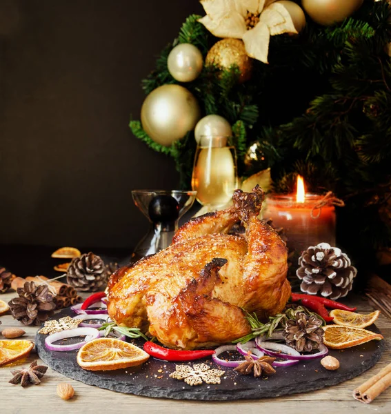 Baked turkey or chiken or Christmas or New Year Thanksgiving Day space for text