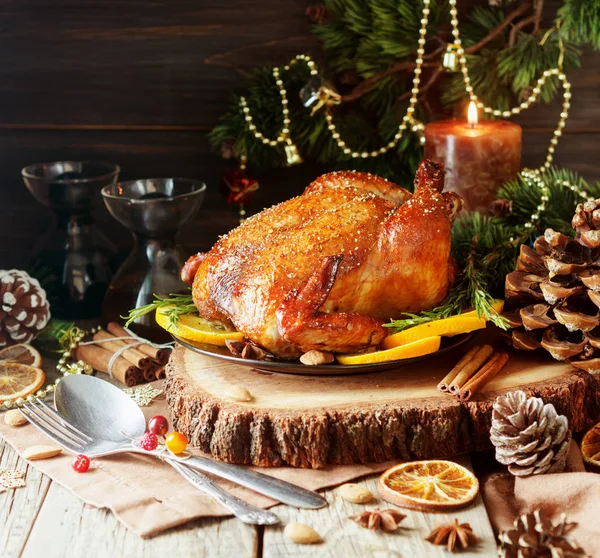 Frango Assado Peru Para Jantar Natal Ano Novo Com Vinho — Fotografia de Stock