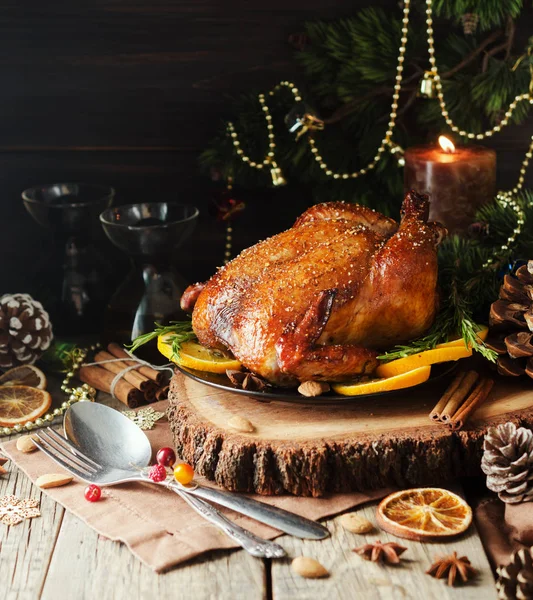 Roast Chicken Turkey Christmas Dinner New Year Mulled Wine Christmas — Stock Photo, Image