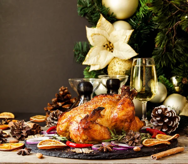 Pollo Arrosto Tacchino Natale Capodanno Giorno Del Ringraziamento Con Vin — Foto Stock