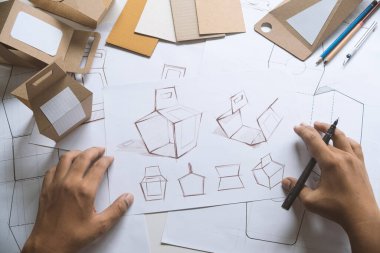 Tasarımcı çizim tasarımı Brown el işi karton kağıt ürün eko paketleme kutu geliştirme şablonu markalaşma etiketi. Tasarımcı stüdyo .