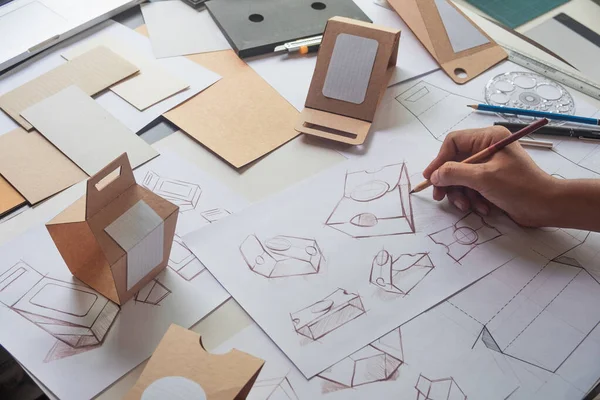 Tasarımcı çizim tasarımı Brown el işi karton kağıt ürün eko paketleme kutu geliştirme şablonu markalaşma etiketi. Tasarımcı stüdyo .