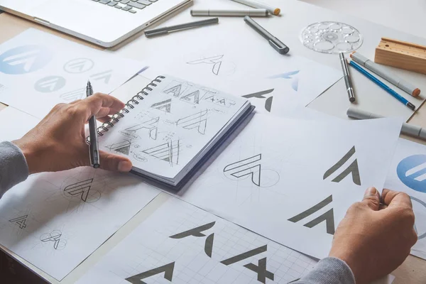 Graphic Designer Development Process Drawing Sketch Design Creative Ideas Draft — Stok Foto