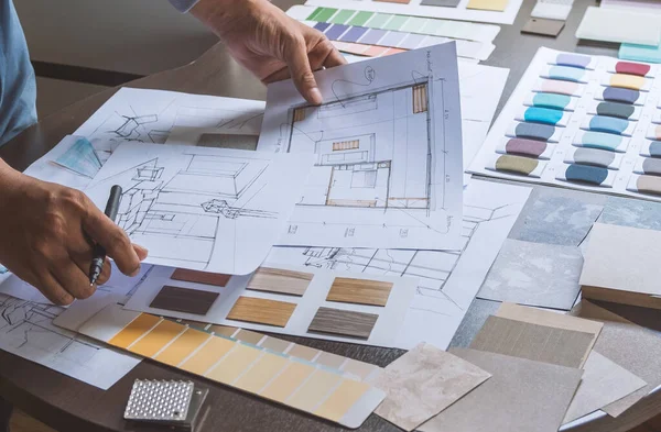 Arquitecto Diseñador Interior Creativo Trabajo Mano Dibujo Plano Azul Impresión — Foto de Stock