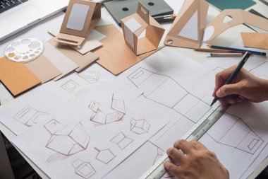 Tasarımcı çizim tasarımı Brown el işi karton kağıt ürün eko paketleme kutu geliştirme şablonu markalaşma etiketi. Tasarımcı stüdyo .