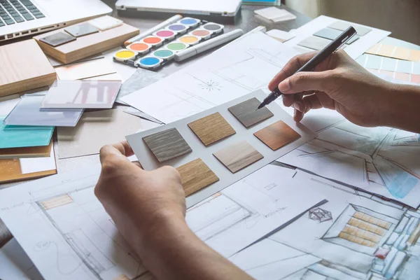 Arquitecto Diseñador Interior Creativo Trabajo Mano Dibujo Plano Azul Impresión — Foto de Stock