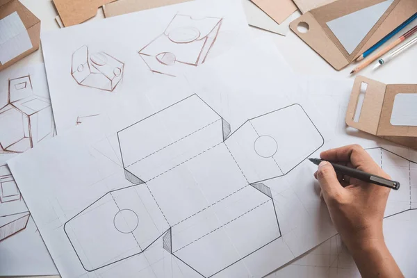 Designer Schetsen Tekening Ontwerp Bruin Ambachtelijk Karton Product Eco Verpakking — Stockfoto