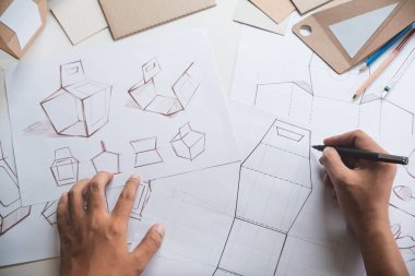 Tasarımcı çizim tasarımı Brown el işi karton kağıt ürün eko paketleme kutu geliştirme şablonu markalaşma etiketi. Tasarımcı stüdyo .