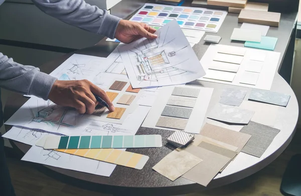 Arquitecto Diseñador Interior Creativo Trabajo Mano Dibujo Plano Azul Impresión — Foto de Stock