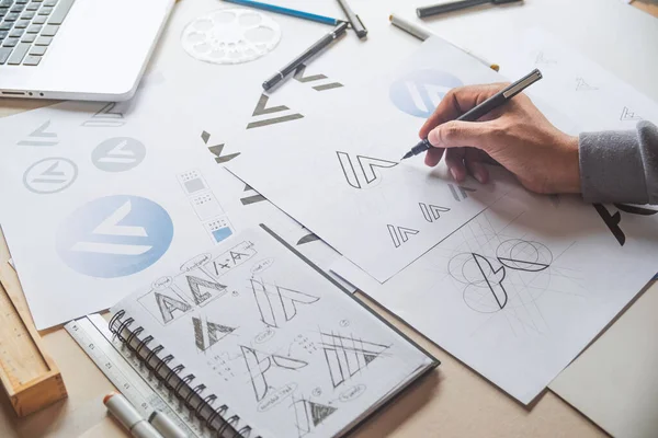 Graphic Designer Drawing Sketch Design Creative Ideas Draft Logo Product — Stock Photo, Image