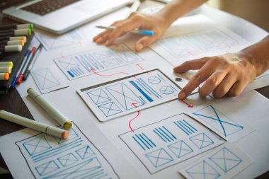 ux Grafik Tasarımcı Yaratıcı Tasarım Planlama Uygulama Süreç Geliştirme Web Cep telefonu için prototip kablo geliştirme. Kullanıcı deneyimi kavramı.