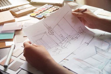 Mimari tasarımcı İç mimari, yaratıcı el çizimi çizim planı mavi baskı seçim malzemesi renk örnekleri sanat araçları tasarım stüdyosu