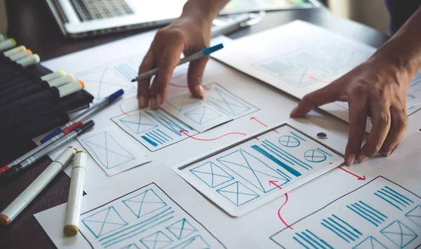 ux Grafik Tasarımcı Yaratıcı Tasarım Planlama Uygulama Süreç Geliştirme Web Cep telefonu için prototip kablo geliştirme. Kullanıcı deneyimi kavramı.
