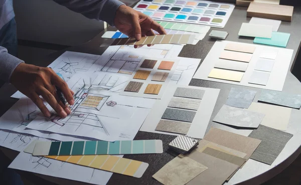 Arquitecto Diseñador Interior Creativo Trabajo Mano Dibujo Plano Azul Impresión — Foto de Stock