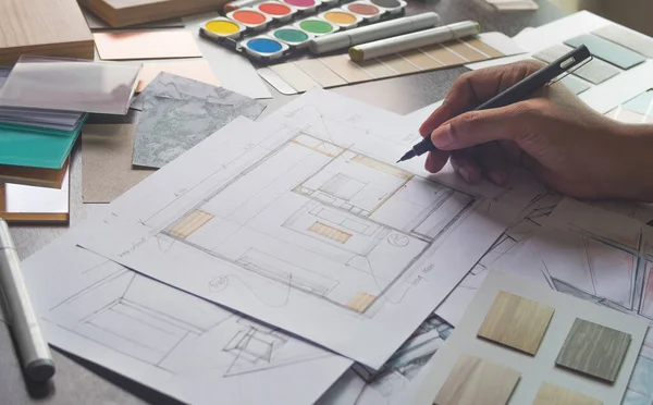 Architect Ontwerper Interieur Creatief Werken Hand Tekening Schets Plan Blauw — Stockfoto
