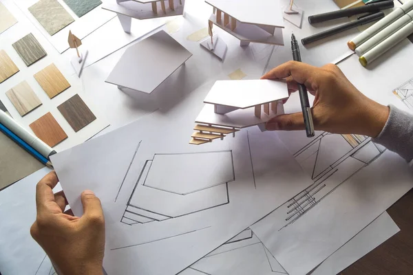 Conception Architecte Dessin Travail Esquisse Les Plans Faire Modèle Construction — Photo