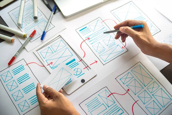 ux Grafik Tasarımcı Yaratıcı Tasarım Planlama Uygulama Süreç Geliştirme Web Cep telefonu için prototip kablo geliştirme. Kullanıcı deneyimi kavramı.