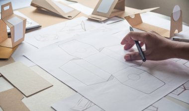 Tasarımcı çizim tasarımı Brown el işi karton kağıt ürün eko paketleme kutu geliştirme şablonu markalaşma etiketi. Tasarımcı stüdyo .