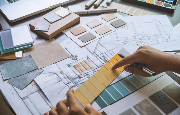 Arquitecto Diseñador Interior Creativo Trabajo Mano Dibujo Plano Azul Impresión — Foto de Stock