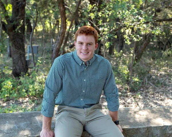 Handsome Red Headed Young Man Posing His High School Graduation — Stock Fotó