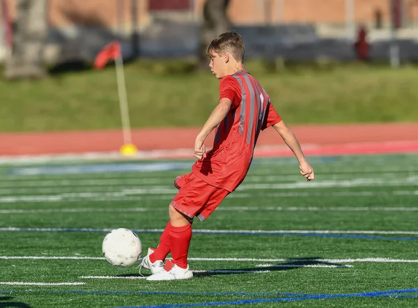 Athletic Boy Making Amazing Plays Soccer Game — Stock Photo, Image
