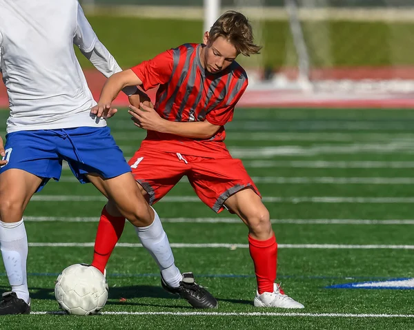 Athletic Boy Making Amazing Plays Soccer Game — Stock Photo, Image