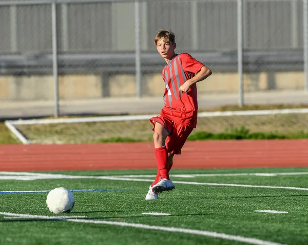 Athletic Boy Making Amazing Plays Soccer Game — Stock Photo, Image
